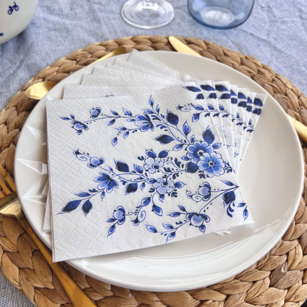 Heinen Delfts Blauw bloesem servetten