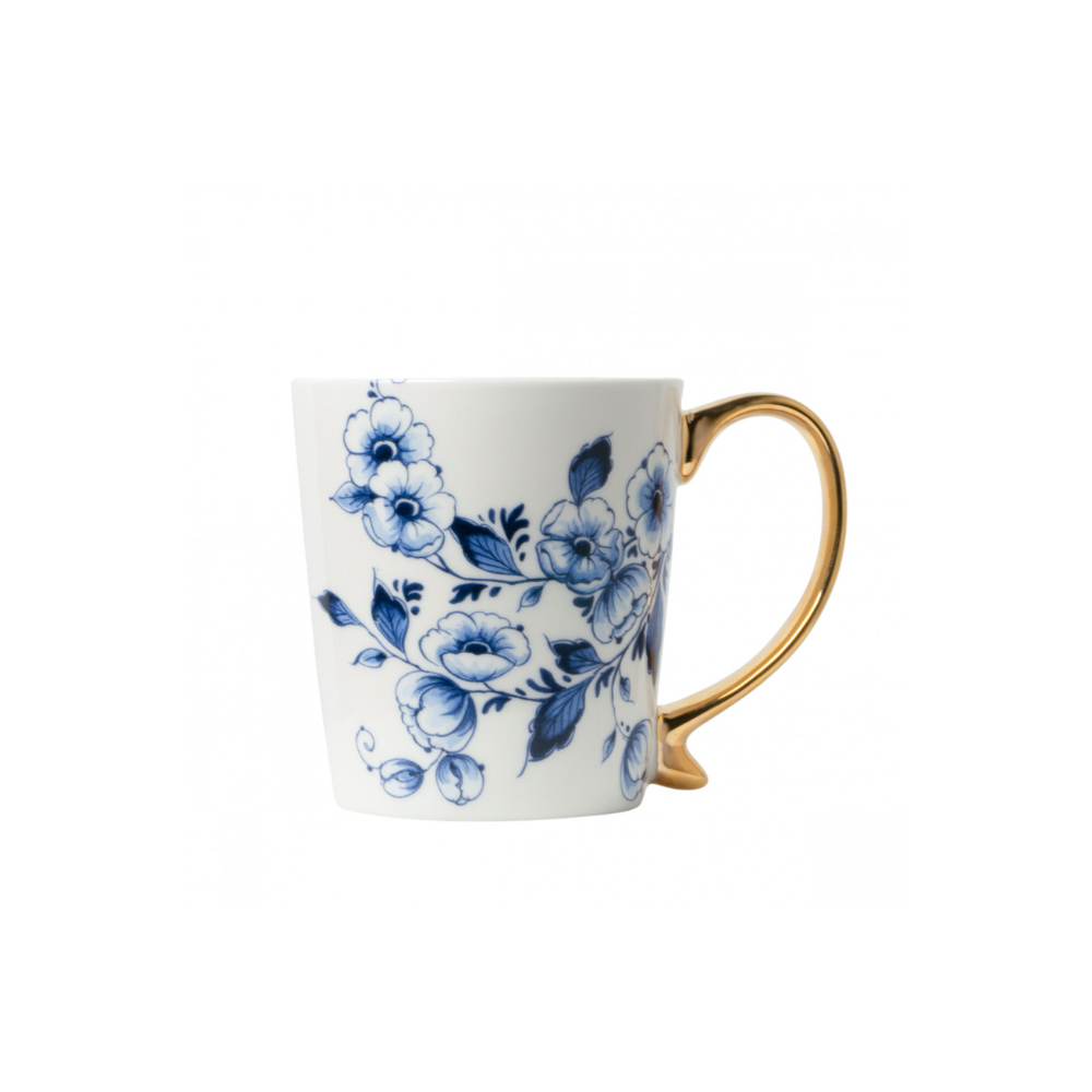 Heinen Delfts Blauwe gouden bloemen mok